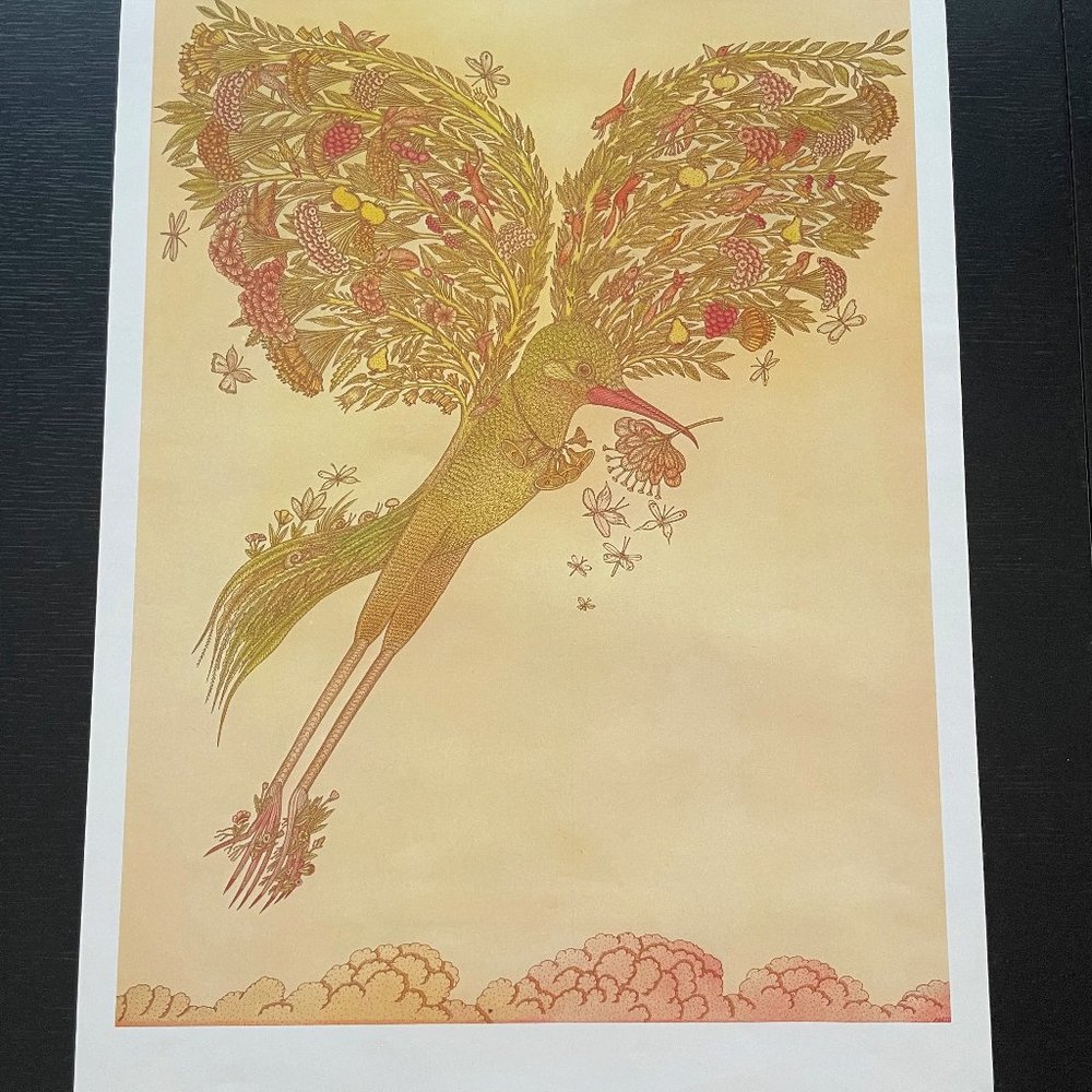 Vintage Whimsical Botanical Bird Print Poster for a Nature Gardening Enthusiast